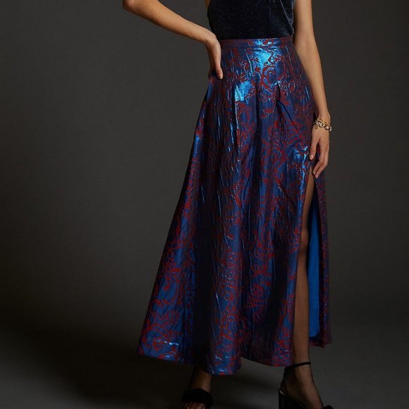 Anthropologie Maeve 4 NWT Pleated Shimmer Maxi Skirt Cocktail Metallic Blue - Picture 3 of 10